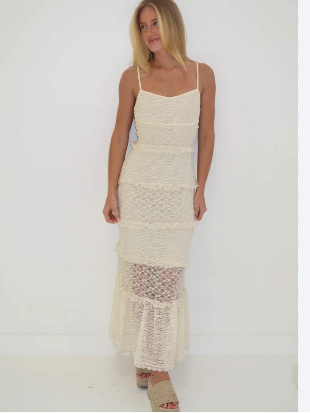 Thirty Thirty Ivory Lace Tiered Maxi Dress – Size XS/S